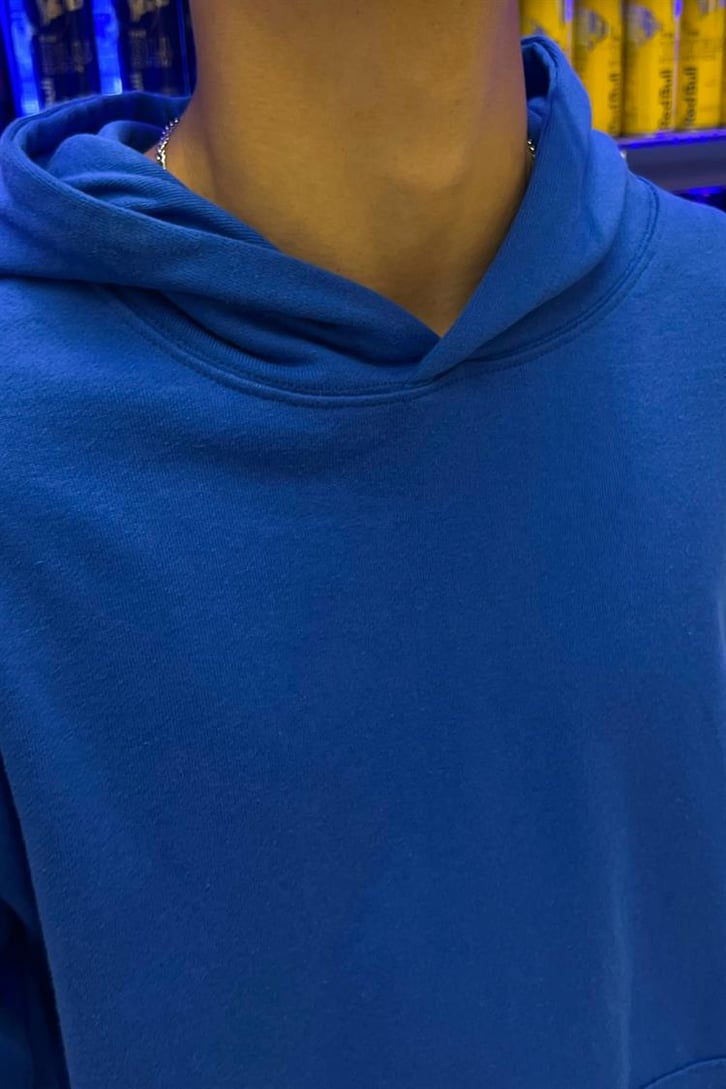 Moon Sırt Baskılı Saks Mavisi İçi Pamuklu Oversize Hoodie