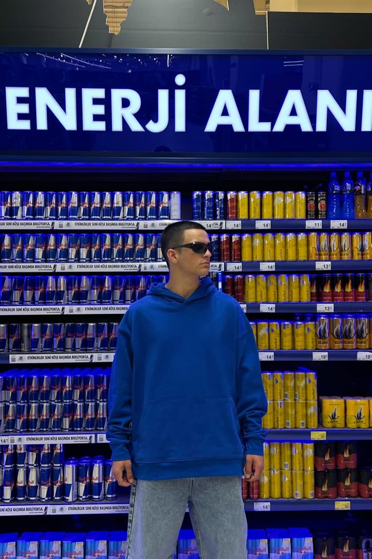 Moon Sırt Baskılı Saks Mavisi İçi Pamuklu Oversize Hoodie