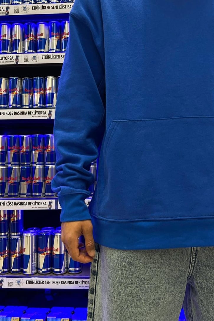 Moon Sırt Baskılı Saks Mavisi İçi Pamuklu Oversize Hoodie