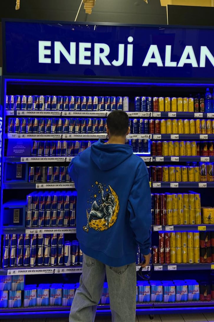 Moon Sırt Baskılı Saks Mavisi İçi Pamuklu Oversize Hoodie