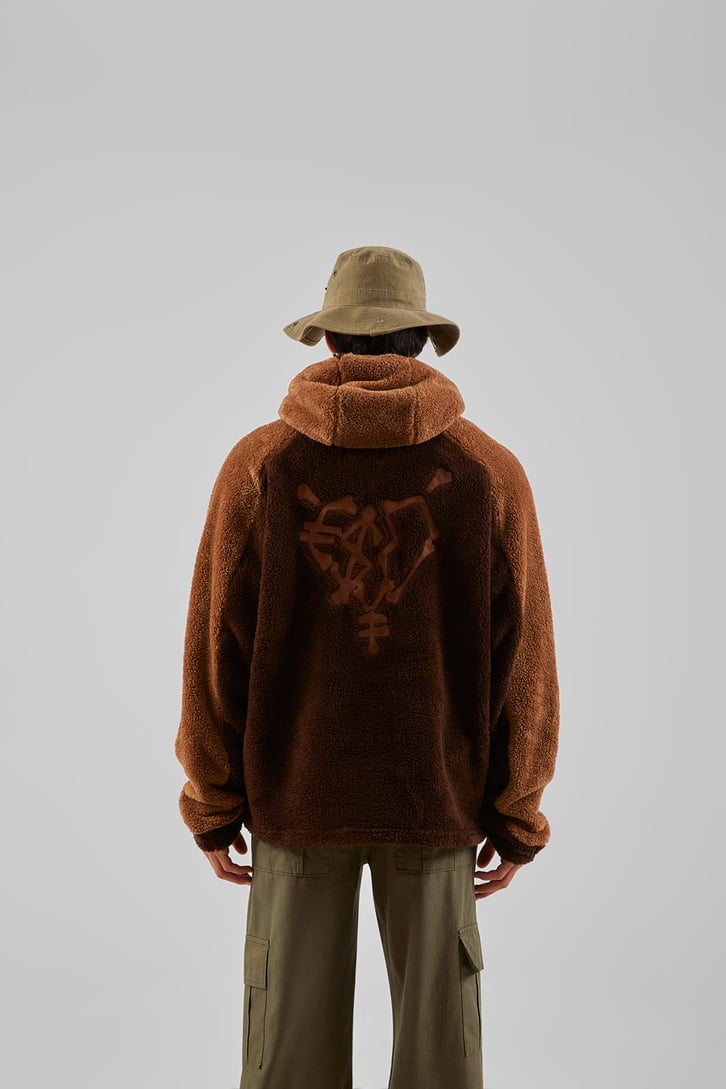 More Money Nakışlı Kahverengi Teddy Zip Hoodie