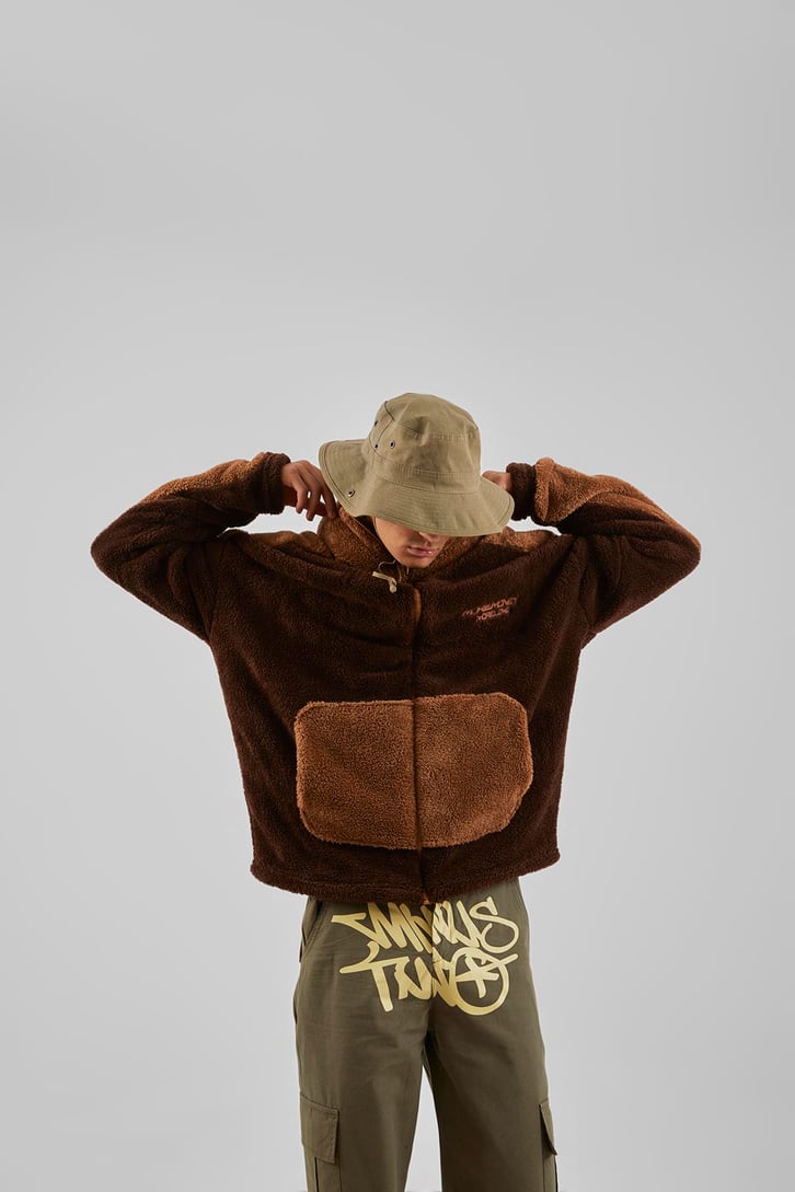 More Money Nakışlı Kahverengi Teddy Zip Hoodie
