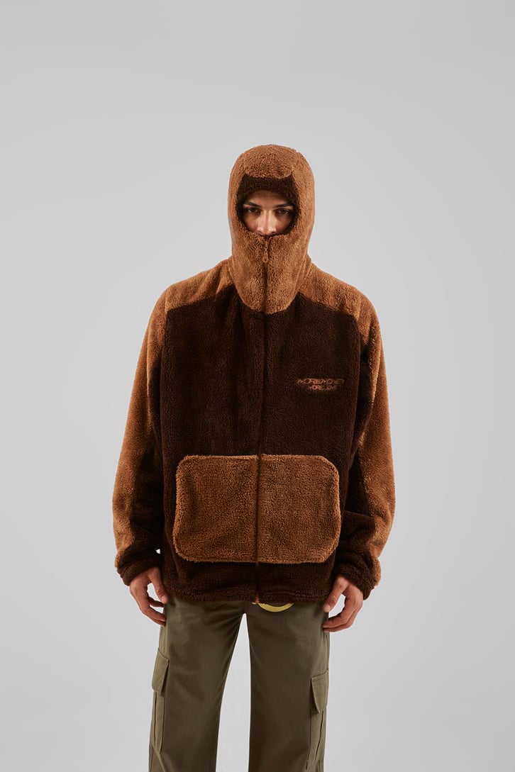 More Money Nakışlı Kahverengi Teddy Zip Hoodie