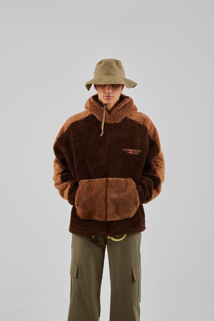 More Money Nakışlı Kahverengi Teddy Zip Hoodie
