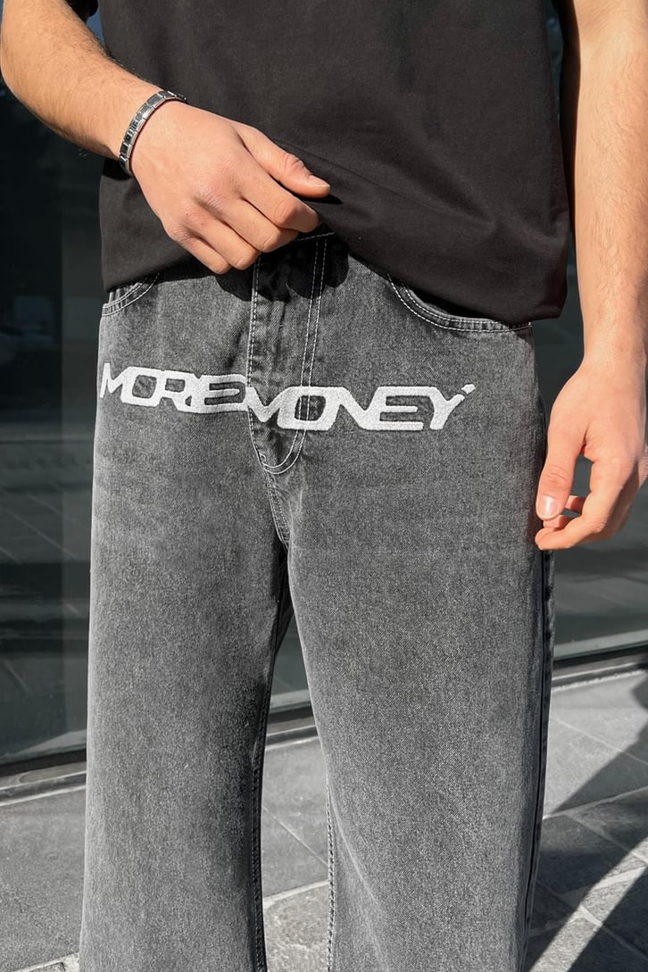 Moremoney Nakışlı Acid Wash Baggy Jean