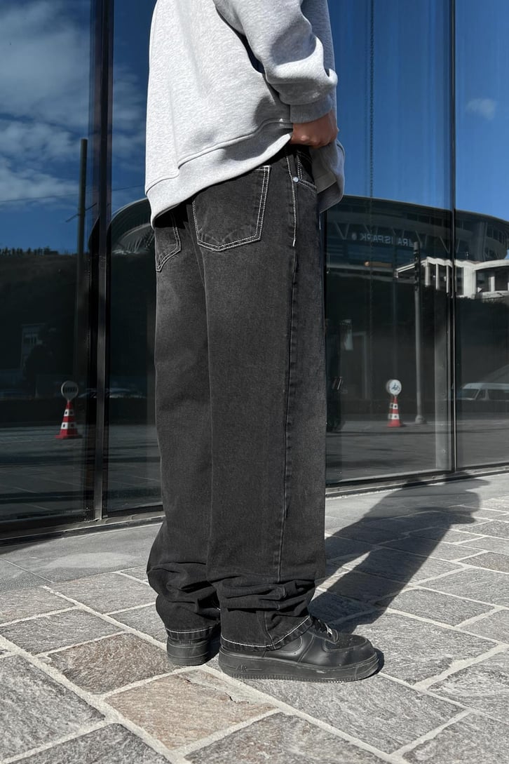 Moremoney Nakışlı Antrasit Baggy Jean