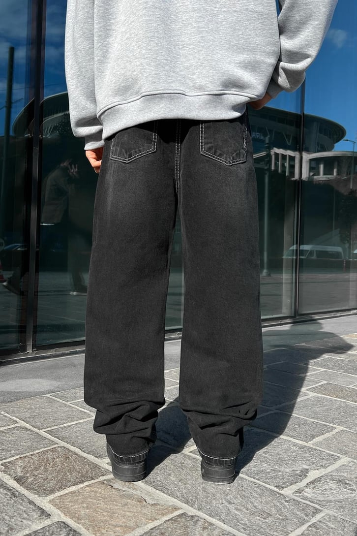 Moremoney Nakışlı Antrasit Baggy Jean