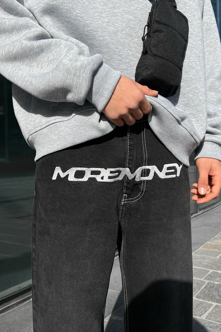 Moremoney Nakışlı Antrasit Baggy Jean