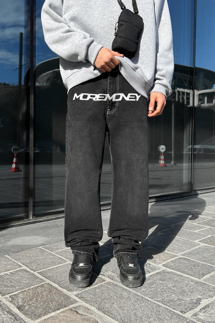 Moremoney Nakışlı Antrasit Baggy Jean