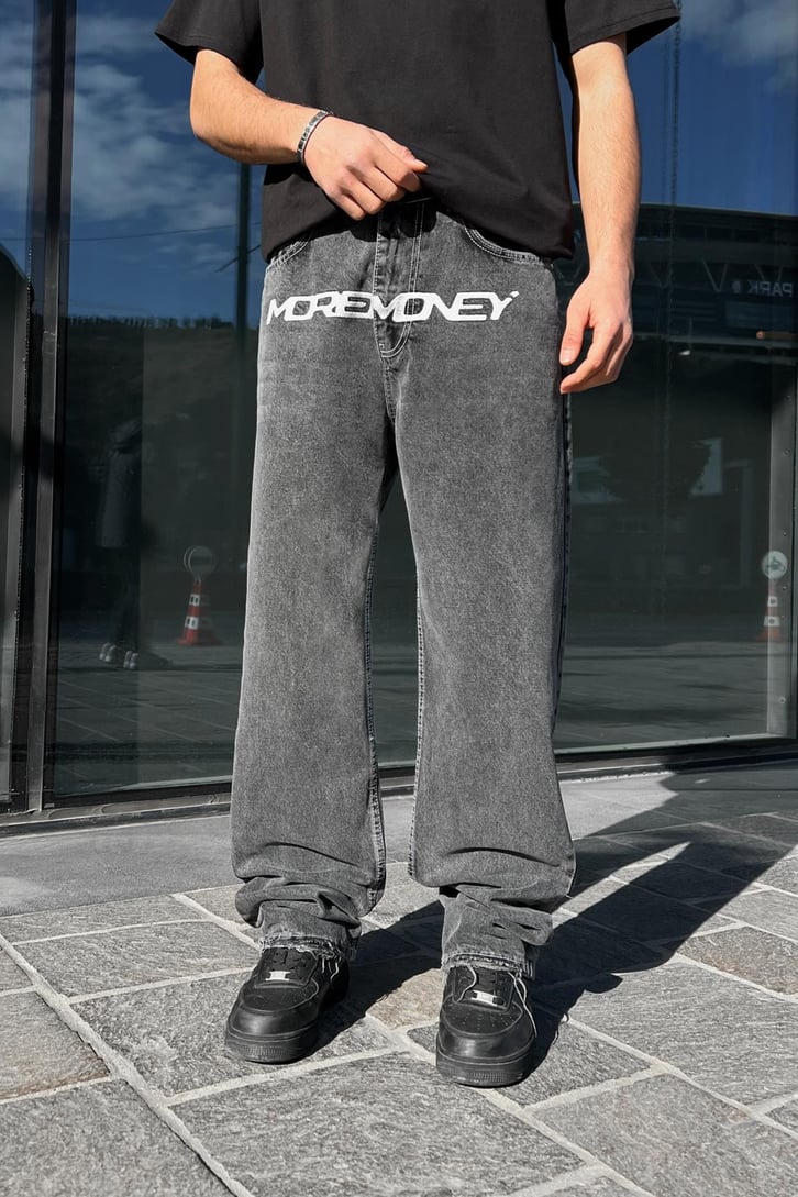 Moremoney Nakışlı Antrasit Baggy Jean