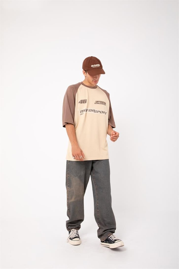 Motosport 46 Baskılı Bej Oversize Tişört