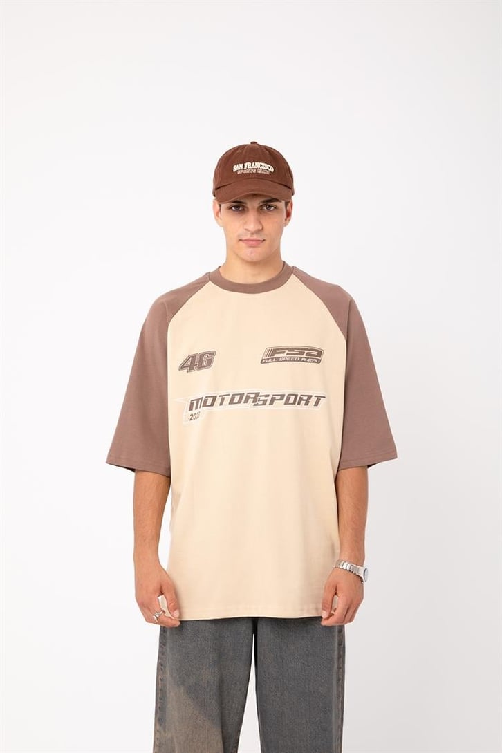 Motosport 46 Baskılı Bej Oversize Tişört