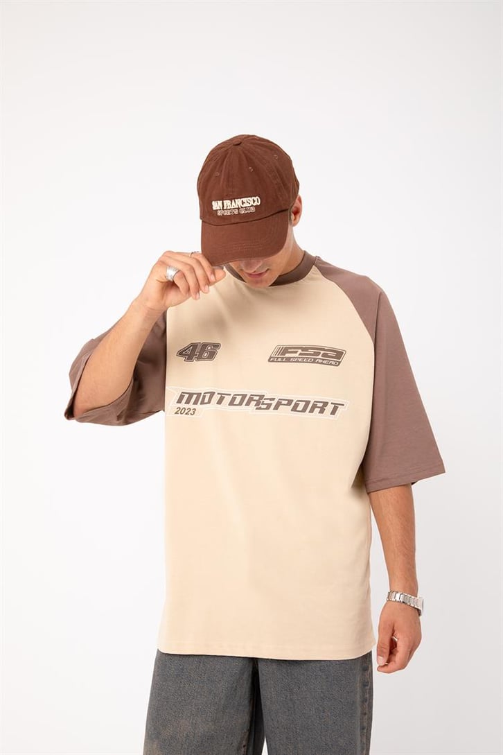 Motosport 46 Baskılı Bej Oversize Tişört