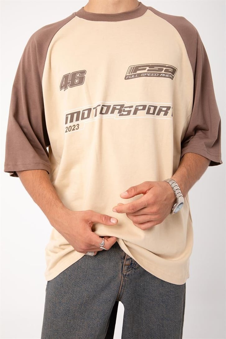 Motosport 46 Baskılı Bej Oversize Tişört