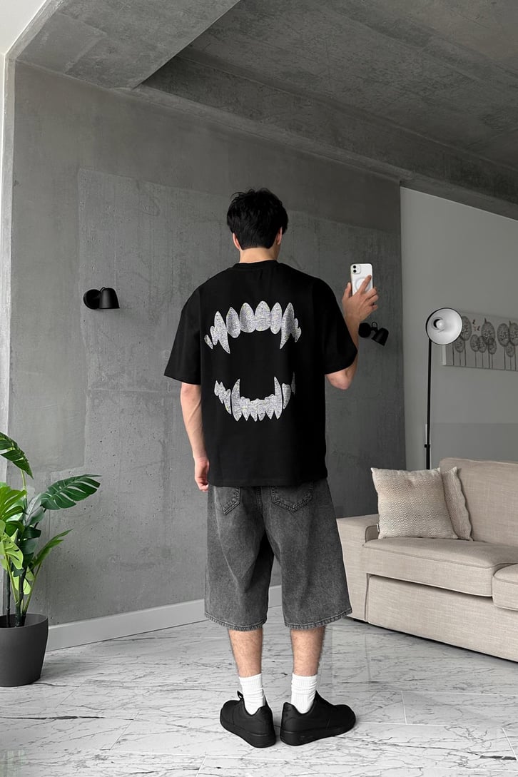 Mouth Taş İşlemeli Siyah Oversize Tişört
