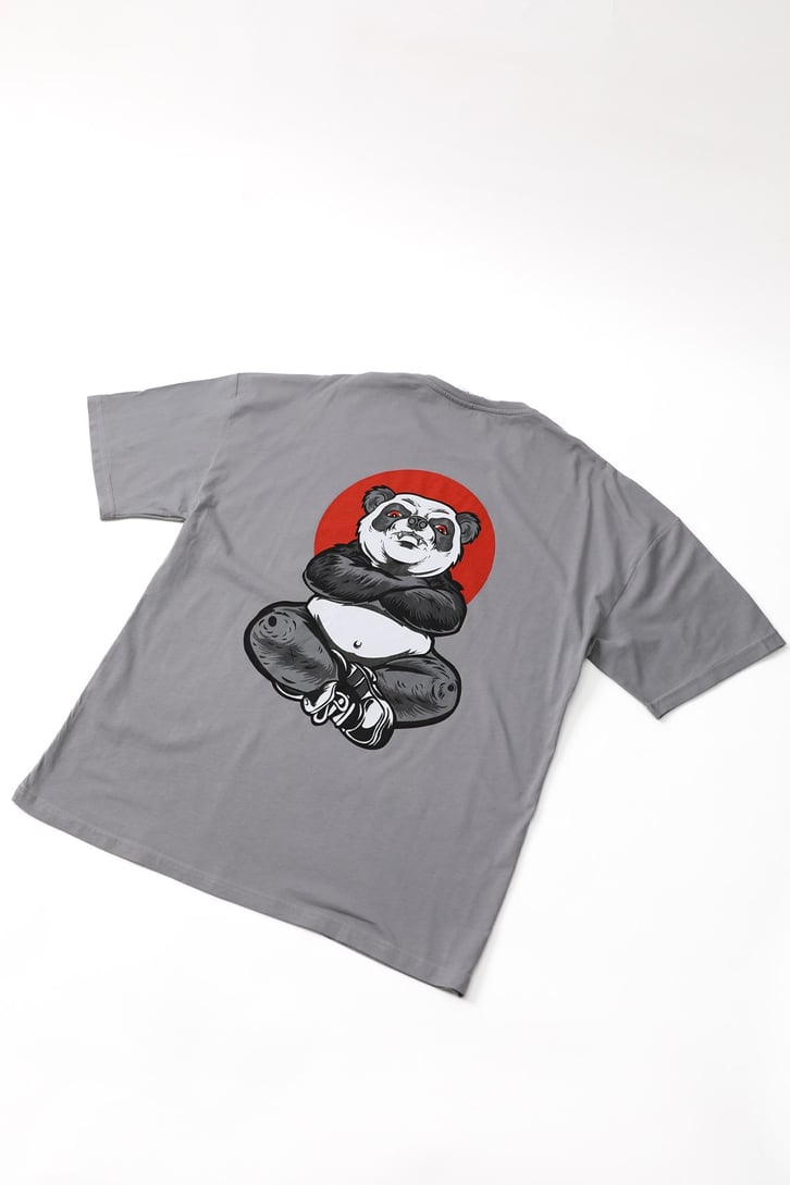 Mr. Panda Sırt Baskılı Koyu Gri Oversize Tshirt