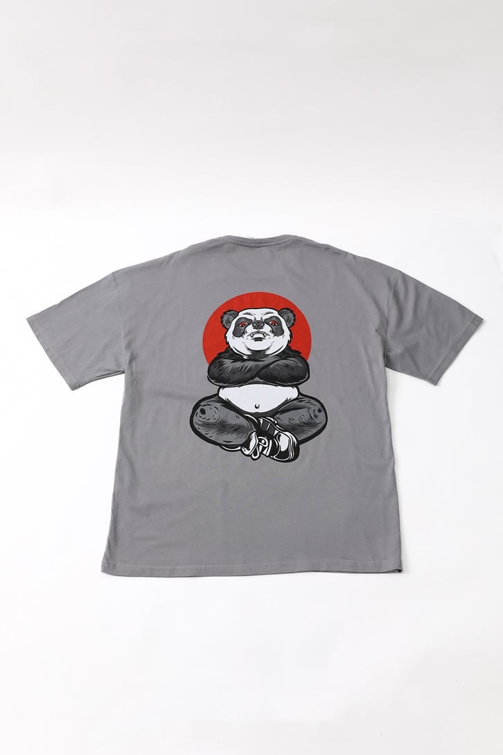 Mr. Panda Sırt Baskılı Koyu Gri Oversize Tshirt