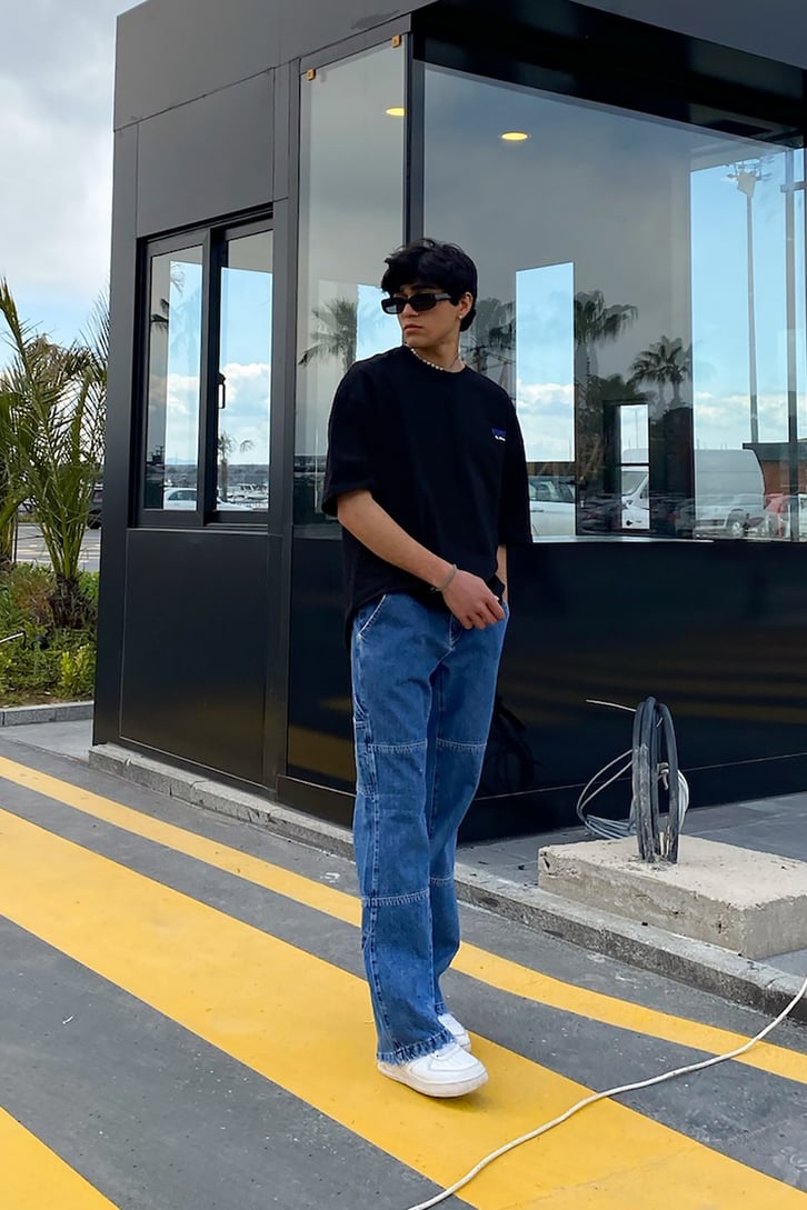 Multiple Dikiş Detaylı Mavi Baggy Jean