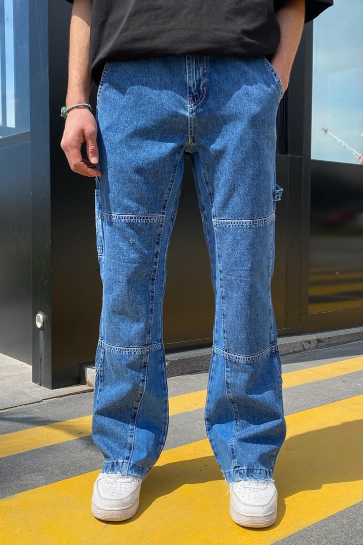 Multiple Dikiş Detaylı Mavi Baggy Jean