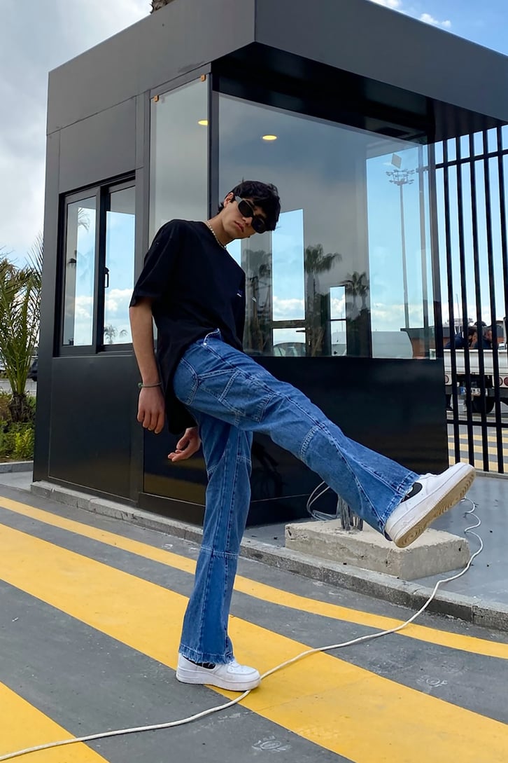 Multiple Dikiş Detaylı Mavi Baggy Jean