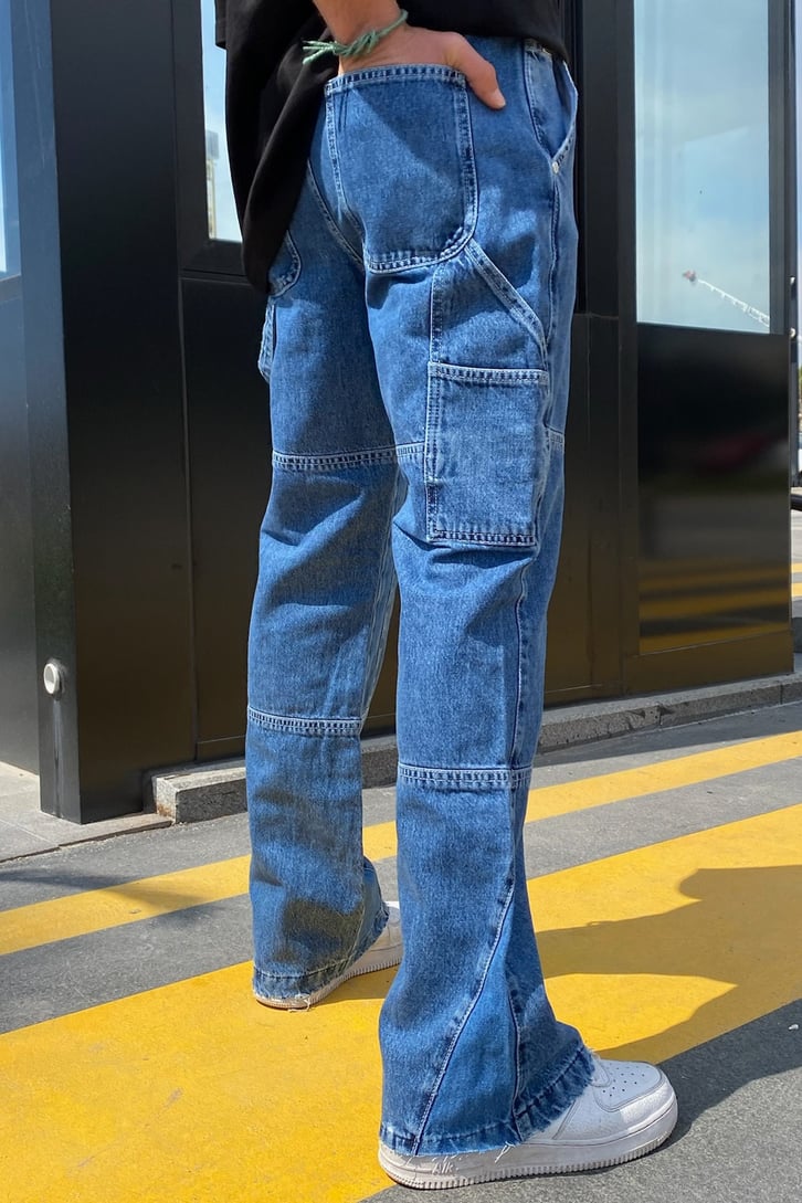 Multiple Dikiş Detaylı Mavi Baggy Jean