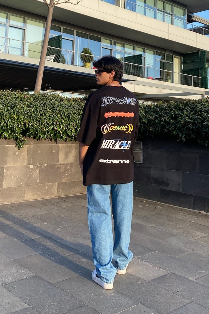 Multiple Motto Baskılı Siyah Oversize Tshirt