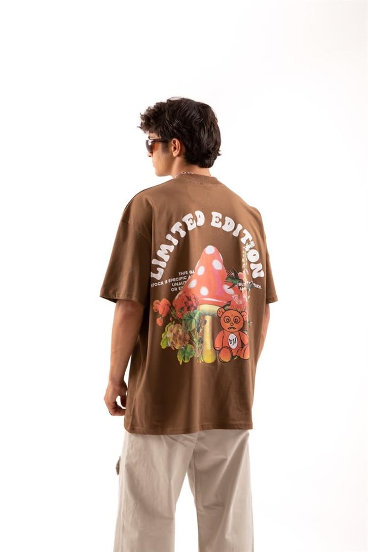 Mushroom Bear Baskılı Kahverengi Oversize Tişör