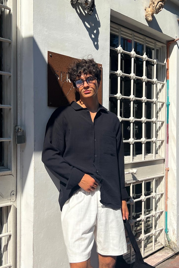 Muslin Basic Siyah Oversize Gömlek