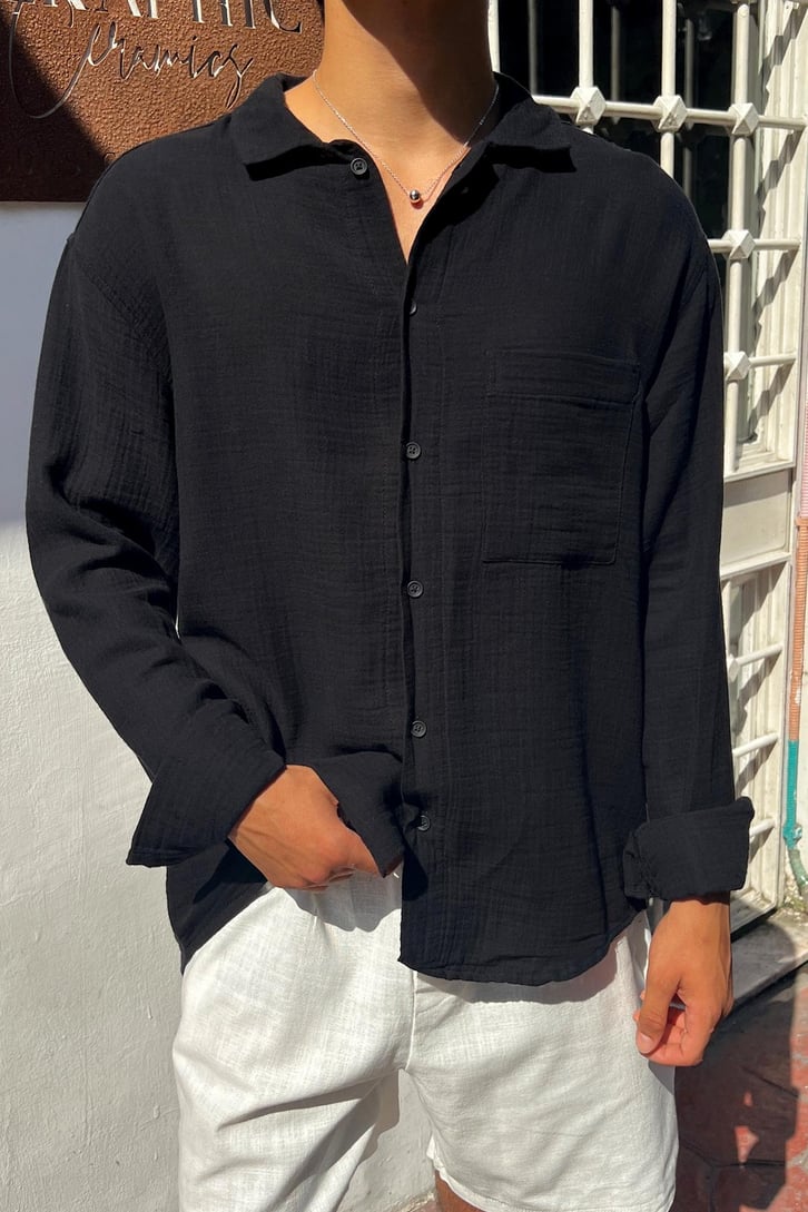 Muslin Basic Siyah Oversize Gömlek