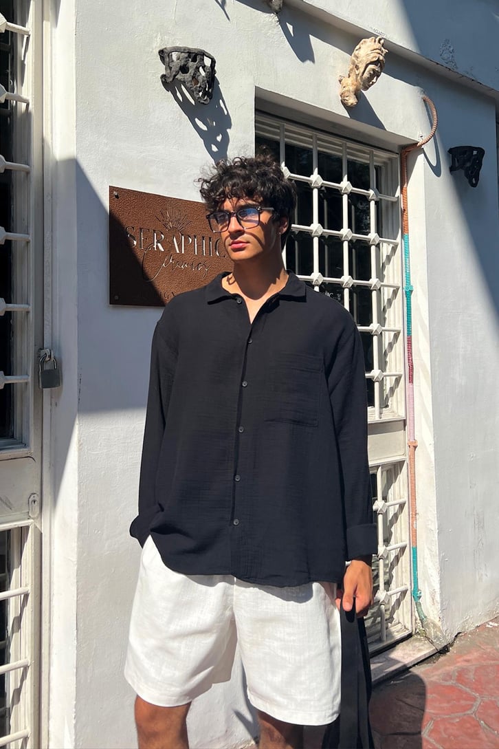 Muslin Basic Siyah Oversize Gömlek