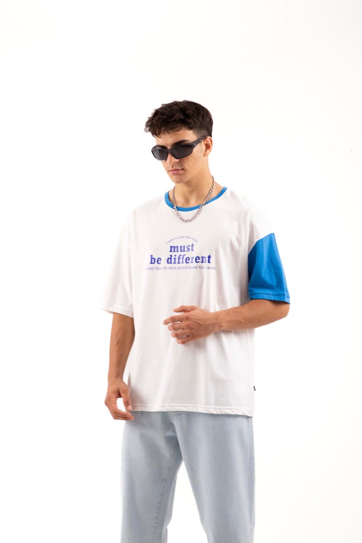 Must Be Different Baskılı Mavi Oversize Tişört