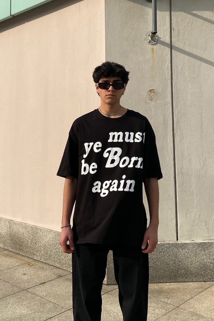 Must Born Again Baskılı Siyah Oversize Tshirt