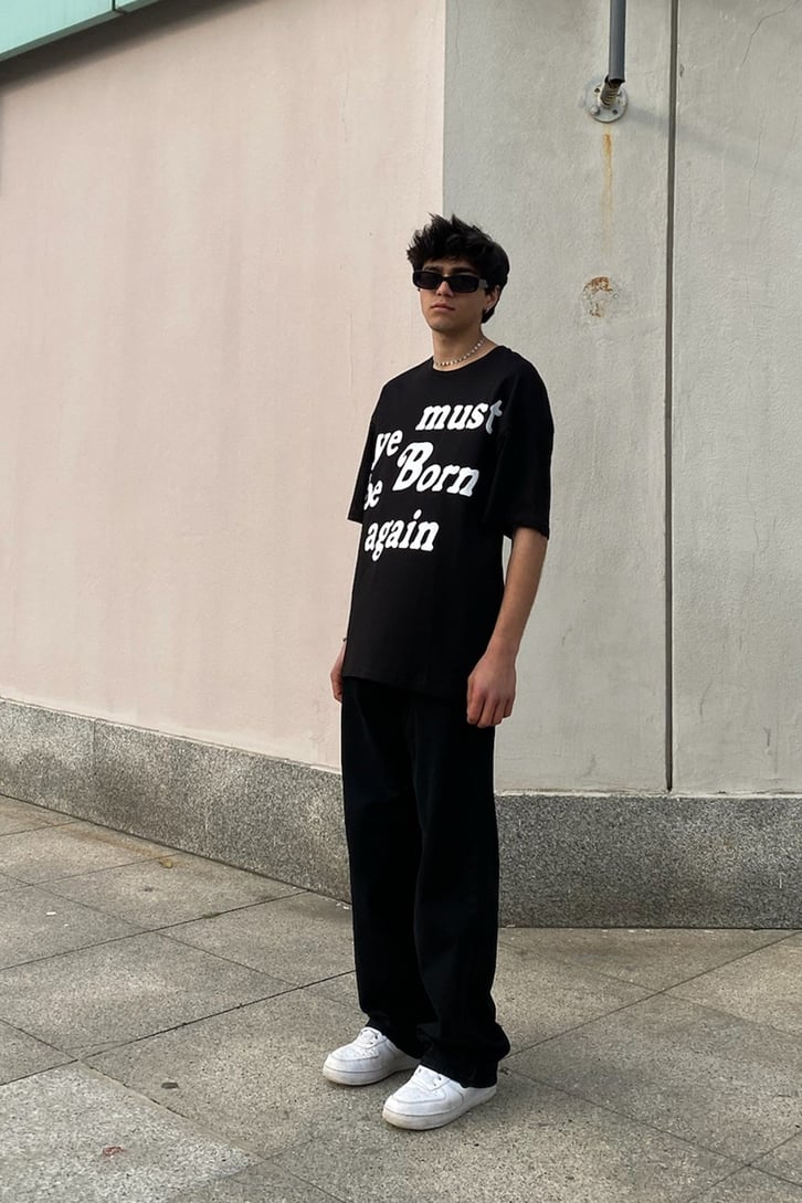Must Born Again Baskılı Siyah Oversize Tshirt