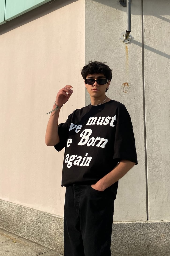 Must Born Again Baskılı Siyah Oversize Tshirt