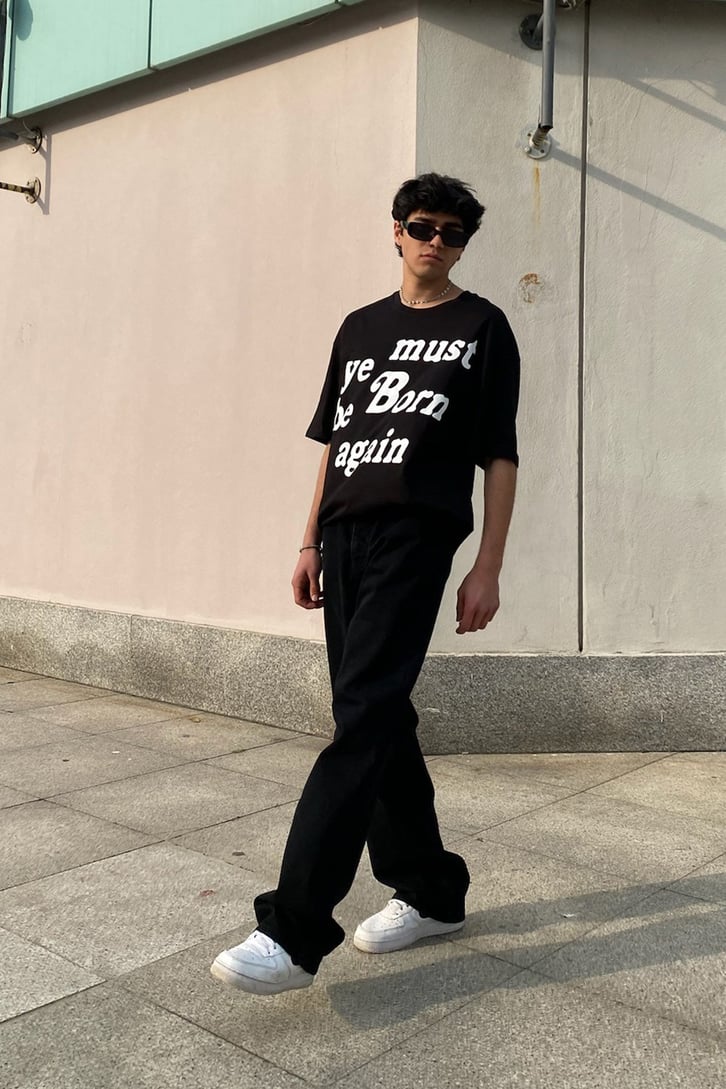 Must Born Again Baskılı Siyah Oversize Tshirt