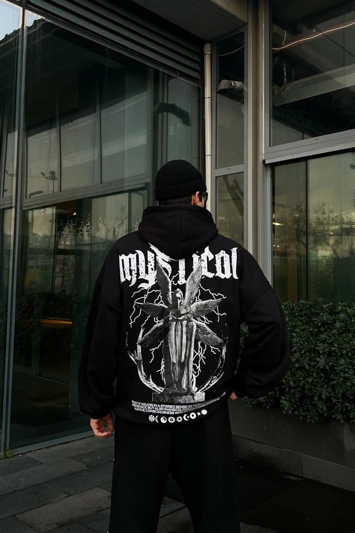 Mystical Baskılı Siyah Oversize Hoodie