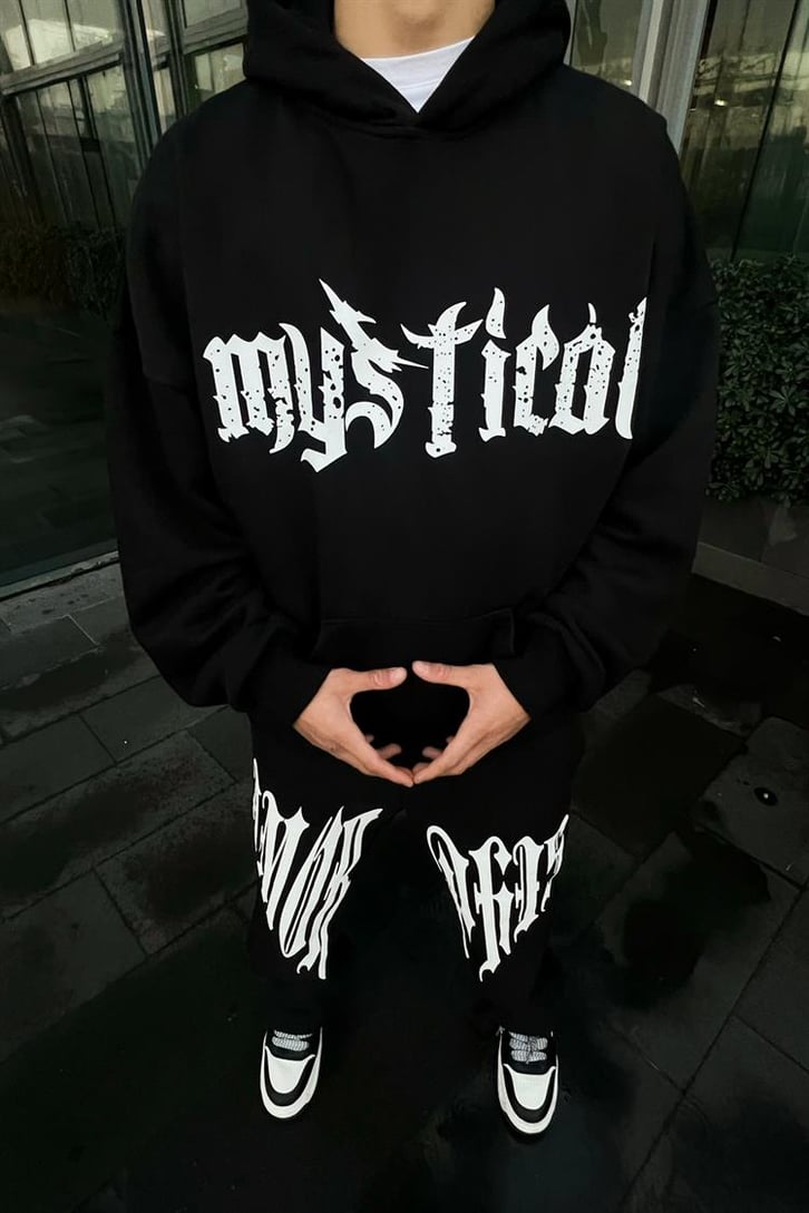 Mystical Baskılı Siyah Oversize Hoodie