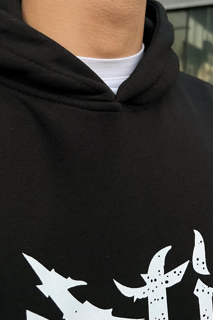 Mystical Baskılı Siyah Oversize Hoodie