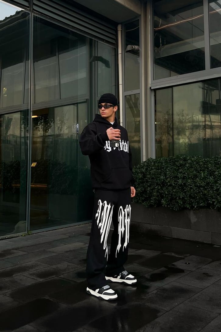 Mystical Baskılı Siyah Oversize Hoodie