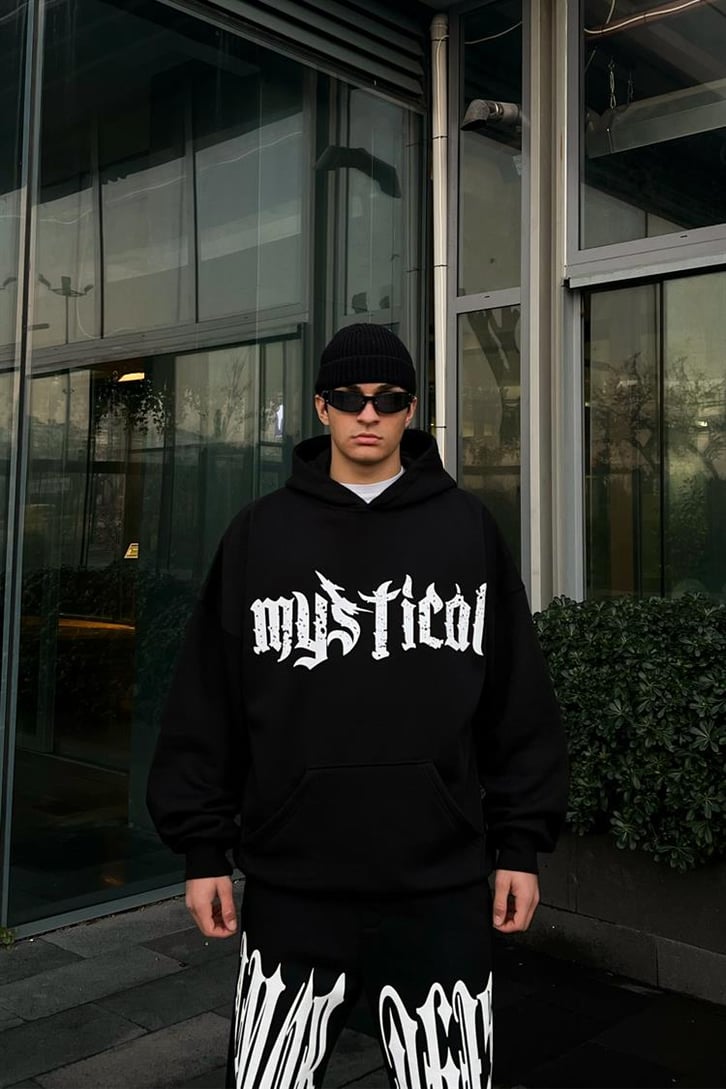 Mystical Baskılı Siyah Oversize Hoodie