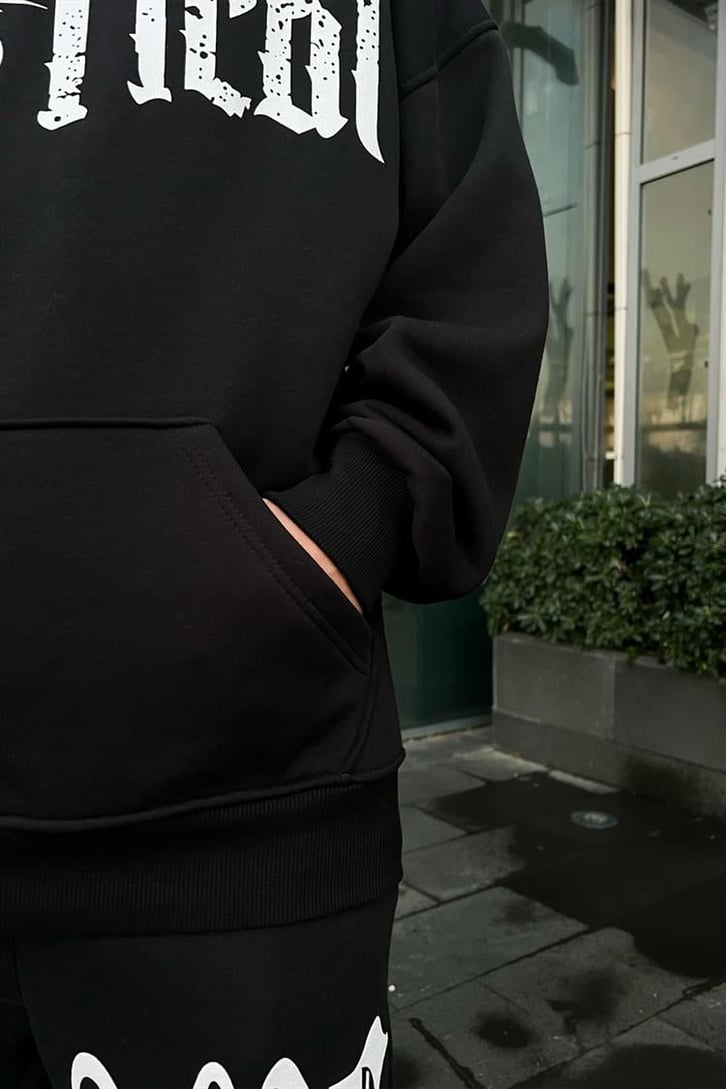 Mystical Baskılı Siyah Oversize Hoodie