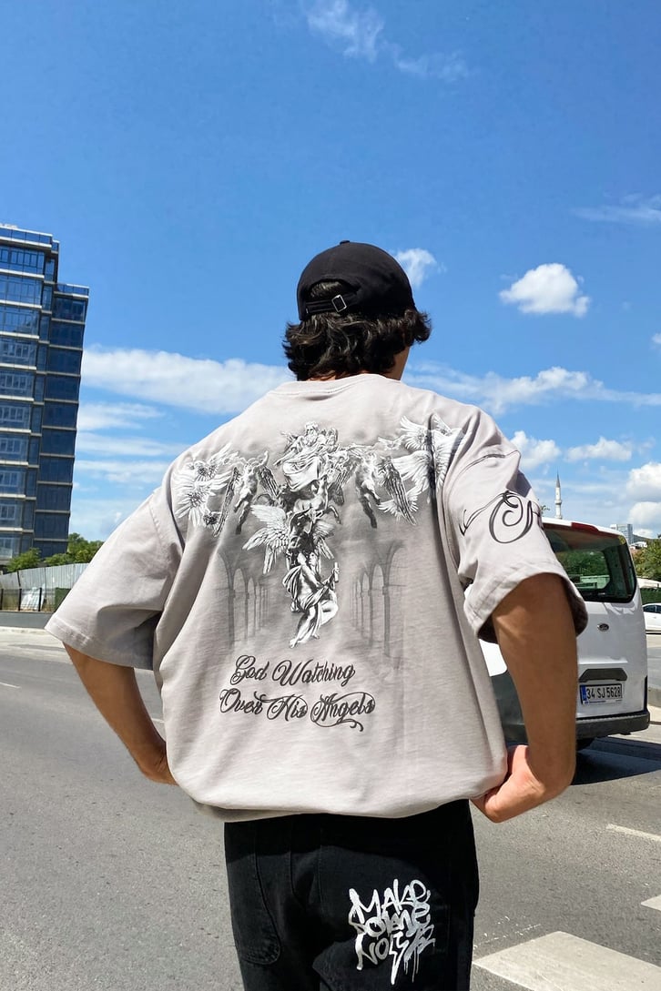 Mythological God Sırt Baskılı Gri Oversize Tshirt