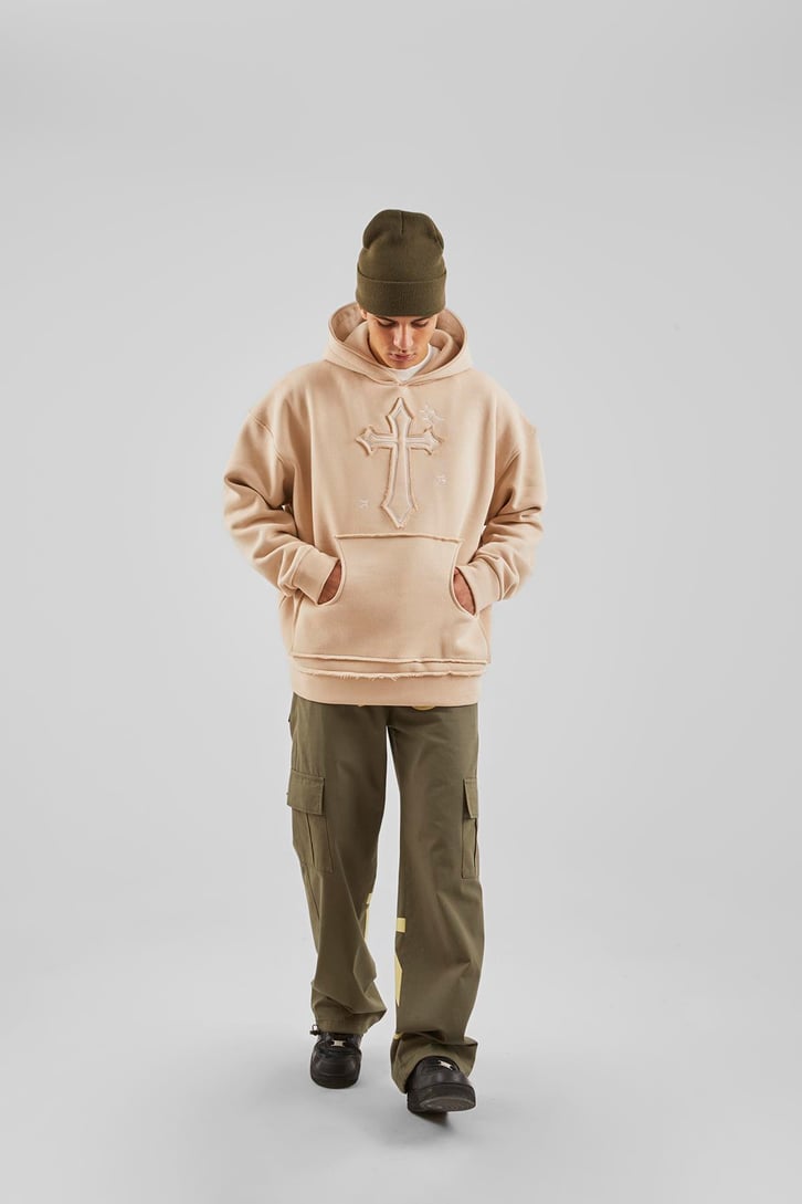 Nakış Detaylı Bej Oversize Hoodie