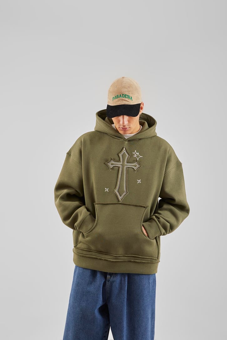 Nakış Detaylı Bej Oversize Hoodie