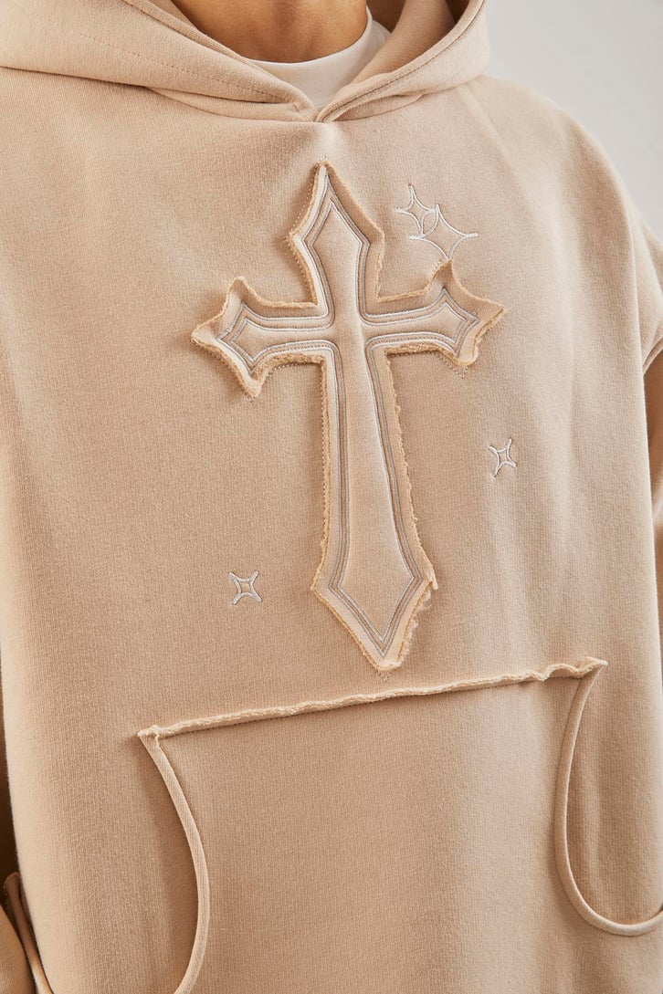 Nakış Detaylı Bej Oversize Hoodie