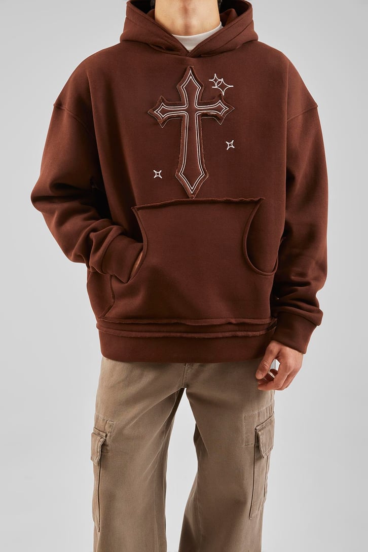 Nakış Detaylı Bej Oversize Hoodie