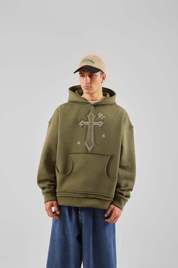 Nakış Detaylı Bej Oversize Hoodie