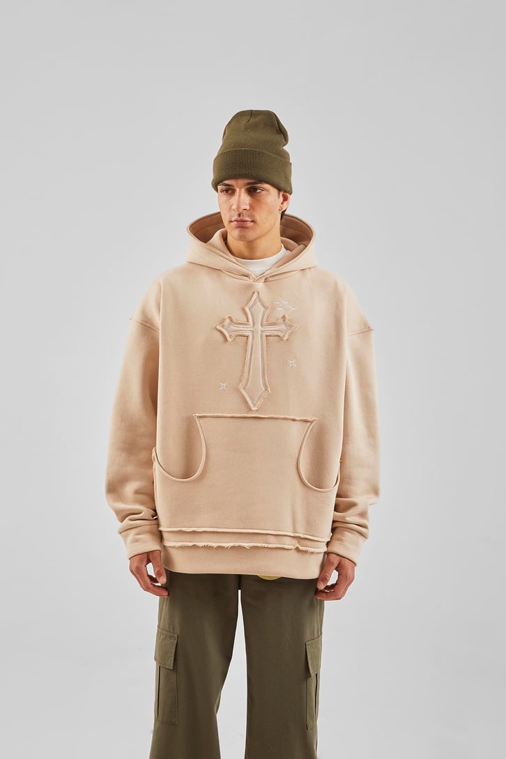 Nakış Detaylı Bej Oversize Hoodie