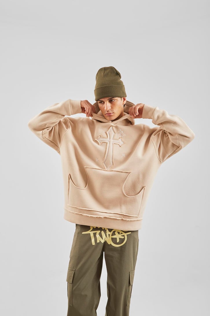 Nakış Detaylı Bej Oversize Hoodie