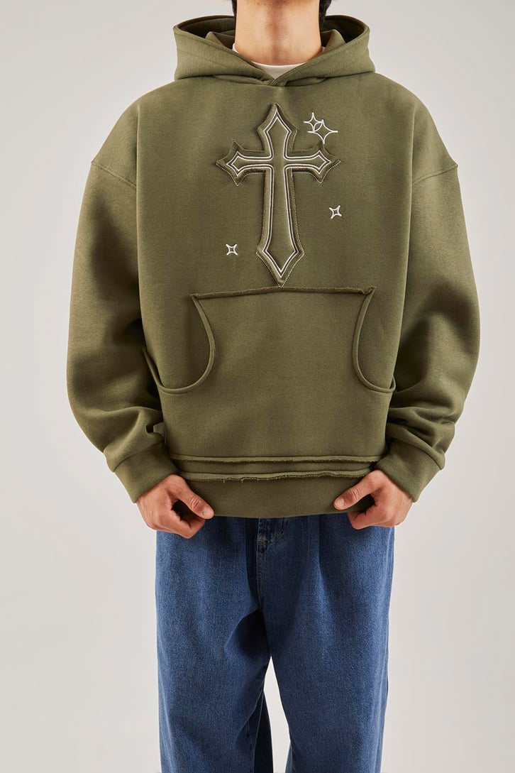 Nakış Detaylı Bej Oversize Hoodie